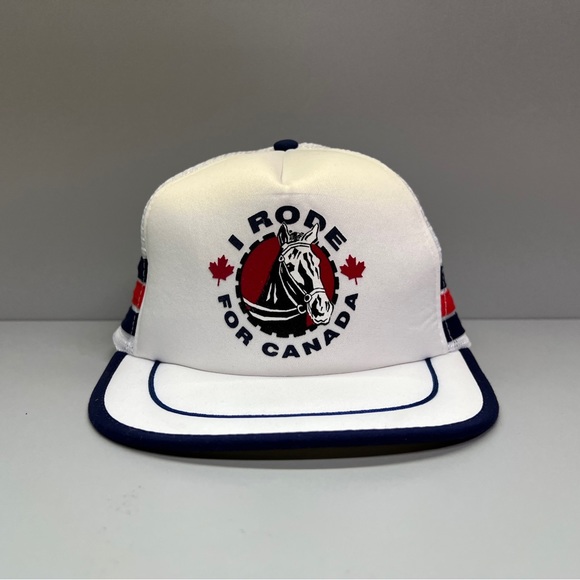 Vintage 3 Stripe I Rode For Canada White Blue Red Snap Back Trucker Mesh Foam - Picture 1 of 9